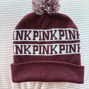 PINK Victoria's Secret Pom Pom Beanie Hat - Maroon & White